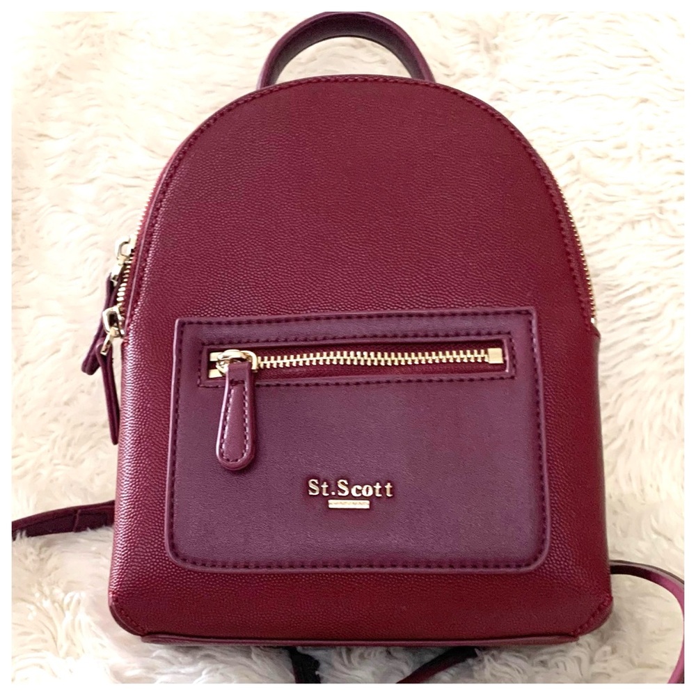 St. Scott London Burgundy Gold Hardware Mini Backpack Shoulder Bag Faux Leather